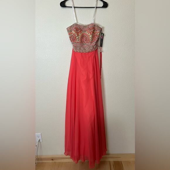 Vivi Ta orange coral beaded strapless chiffon fit and flare dress NEW 2 - Picture 1 of 6